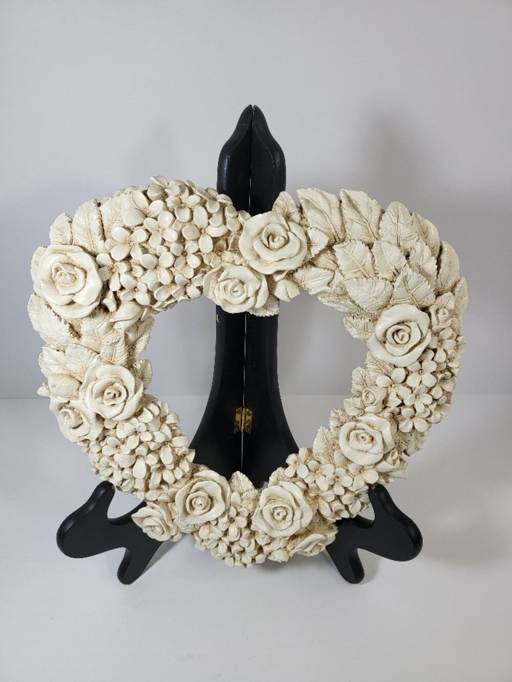 Vintage Resin Heart Wreath Cream Roses Hydrangeas, Shabby Chic Cottagecore Decor